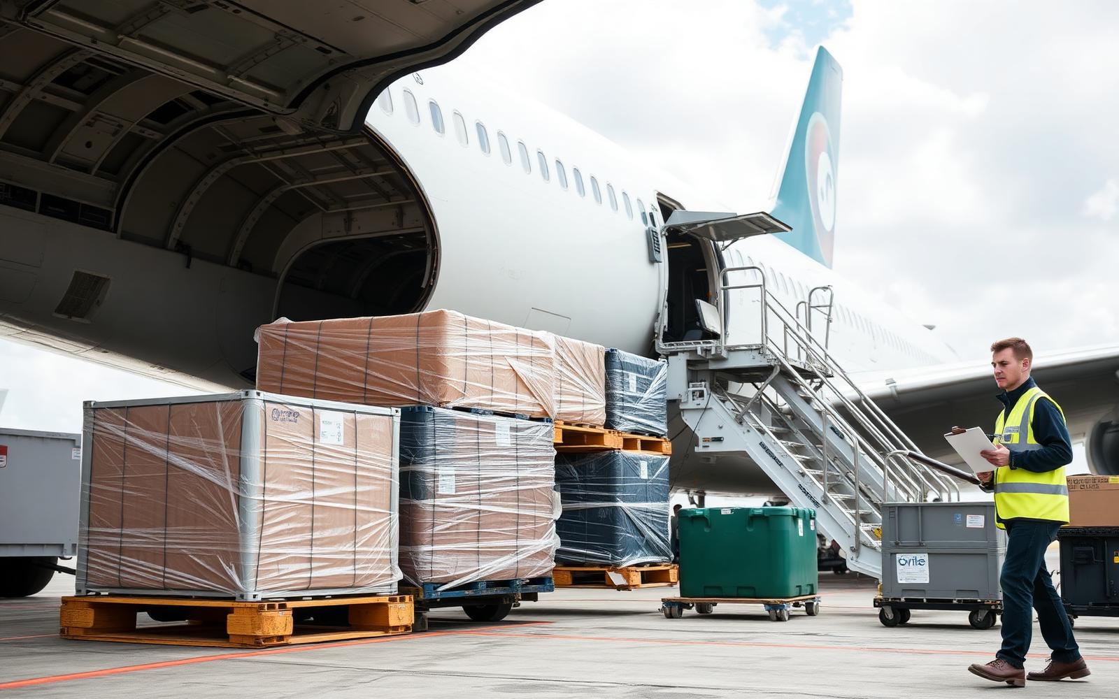 Air cargo pallets being loaded into a freight aircraft