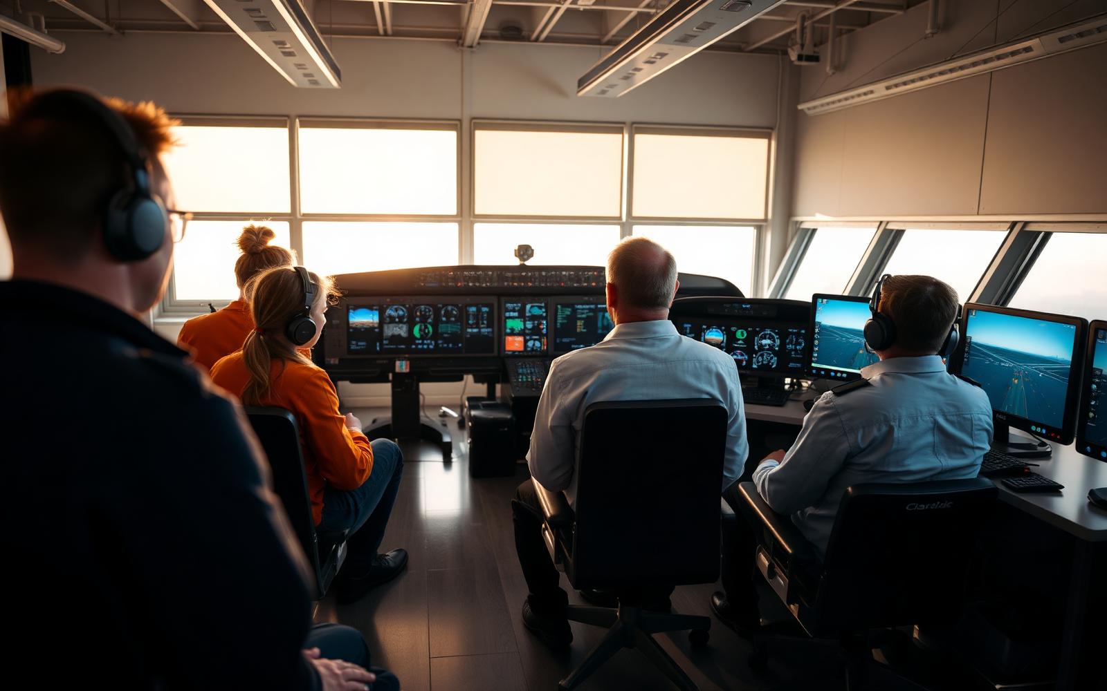 Aviation students training with instructors in a modern classroom