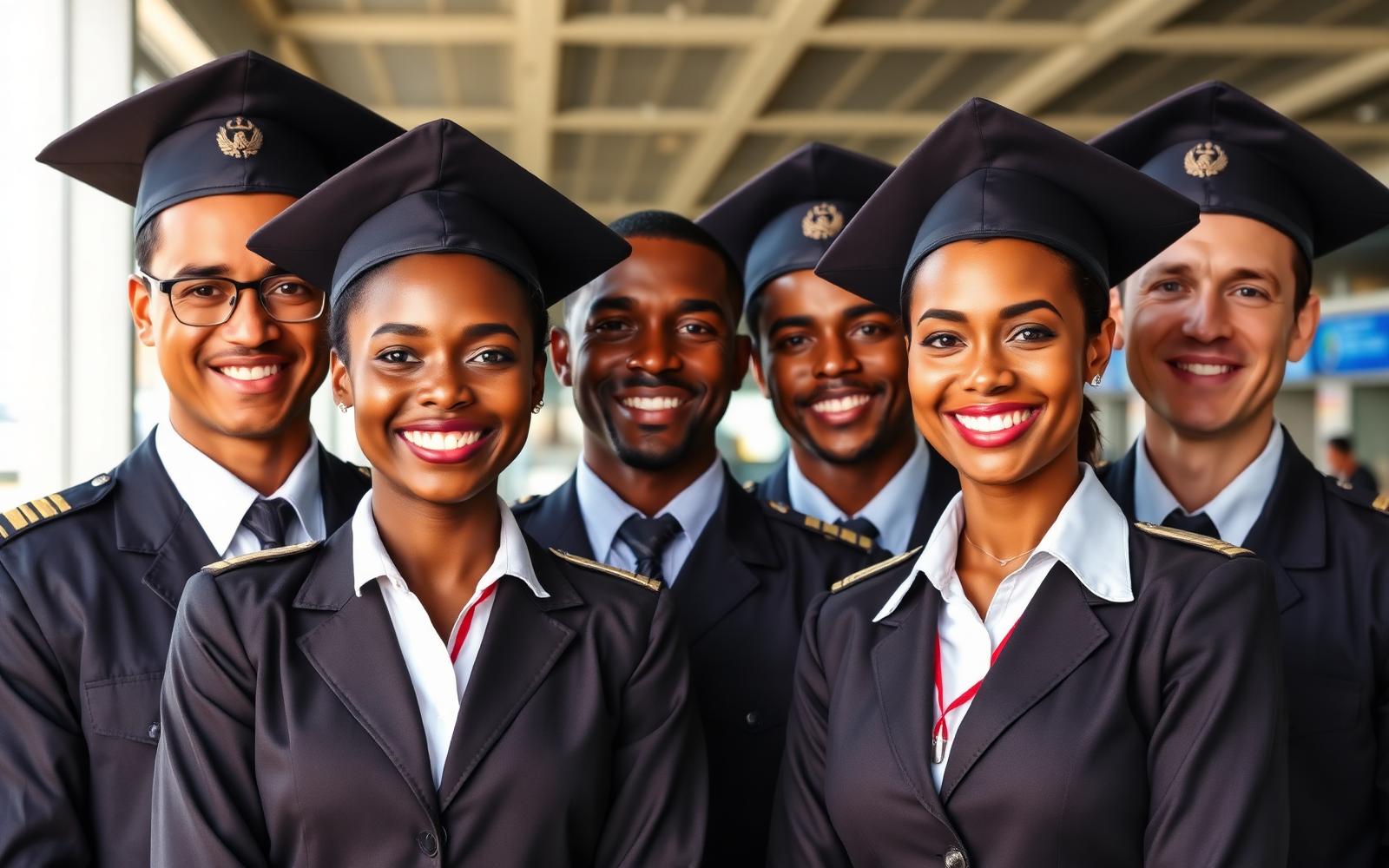 Aviation graduates and instructors in uniform at an airport terminal